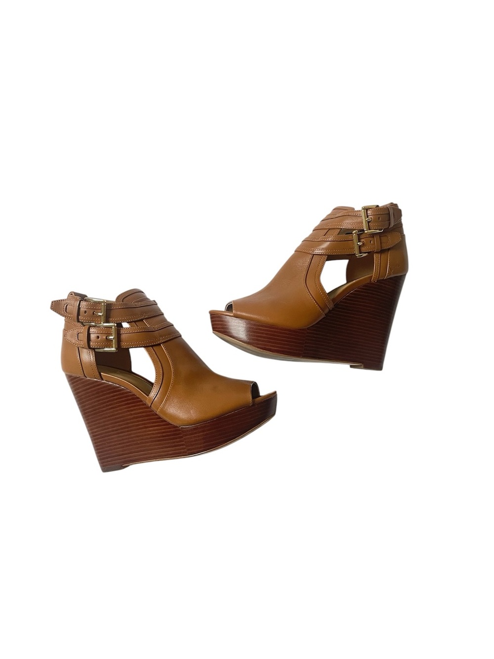 Michael Kors brown leather high heel peep toe wedge sandals size 6.5